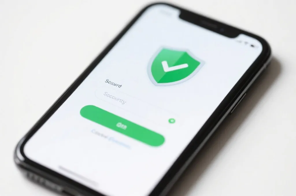 A clean smartphone screen showing a secure authentication interface with a green checkmark shield icon, close-up, high tech